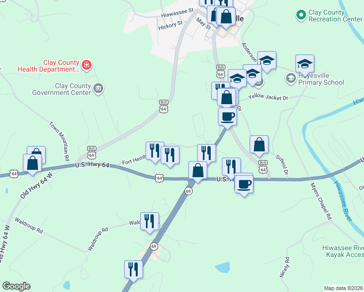 map of restaurants, bars, coffee shops, grocery stores, and more near 181 Fort Hembree Road in Hayesville