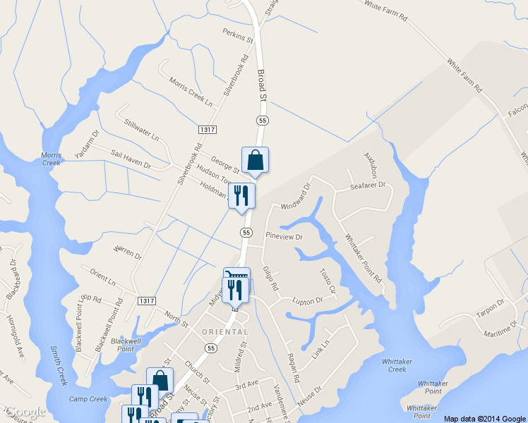 map of restaurants, bars, coffee shops, grocery stores, and more near 1121 Gilgo Rd in Oriental