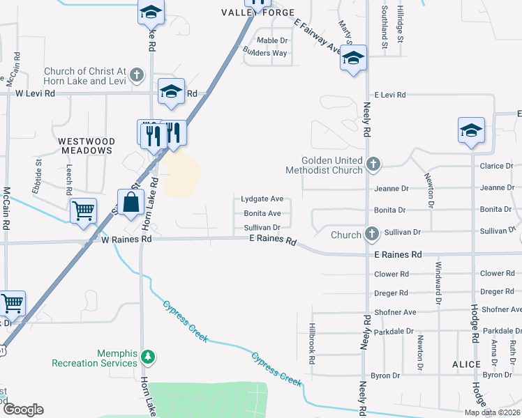 map of restaurants, bars, coffee shops, grocery stores, and more near 36 Bonita Drive in Memphis