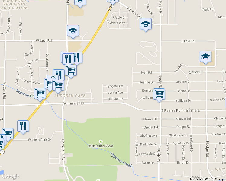 map of restaurants, bars, coffee shops, grocery stores, and more near 36 Bonita Drive in Memphis
