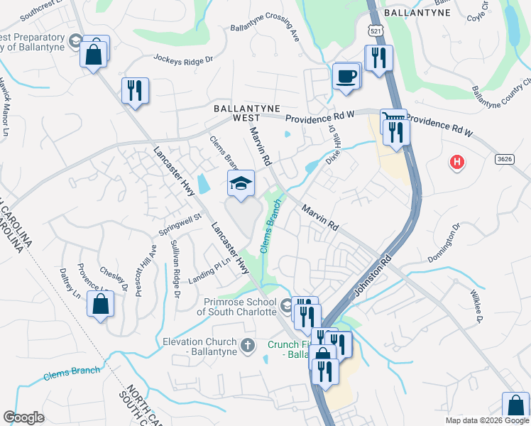 map of restaurants, bars, coffee shops, grocery stores, and more near 11727 Clems Branch Drive in Charlotte
