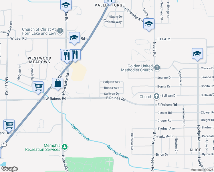 map of restaurants, bars, coffee shops, grocery stores, and more near 36 Bonita Drive in Memphis