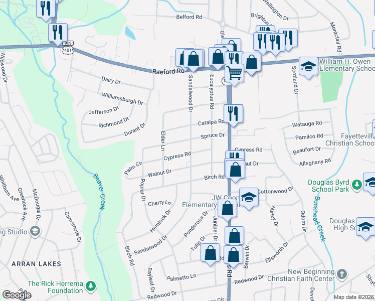 map of restaurants, bars, coffee shops, grocery stores, and more near 5200 Cypress Road in Fayetteville