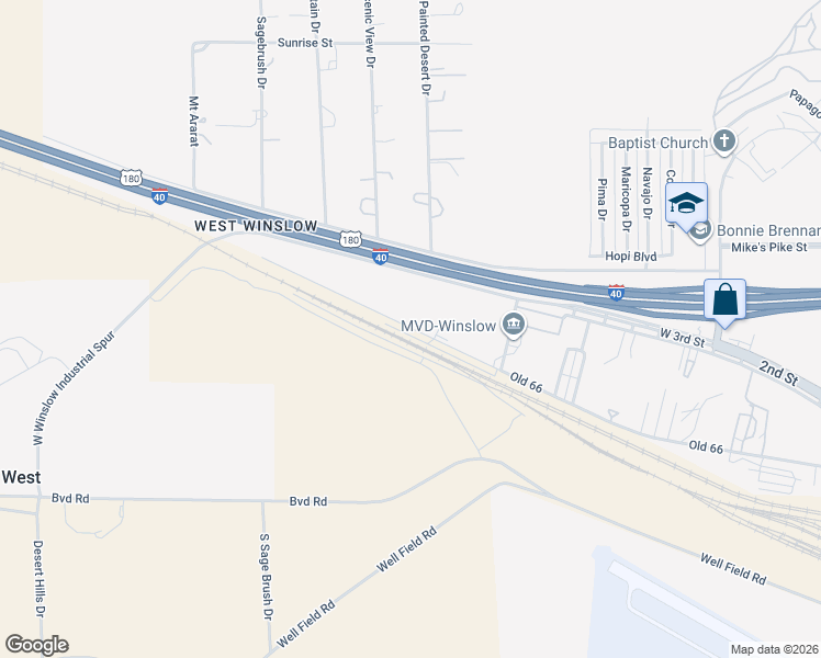 map of restaurants, bars, coffee shops, grocery stores, and more near 4221 U.S. Route 66 in Winslow