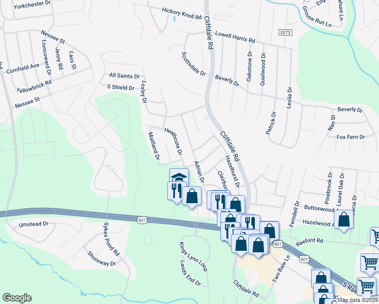 map of restaurants, bars, coffee shops, grocery stores, and more near 7786 Adrian Drive in Fayetteville