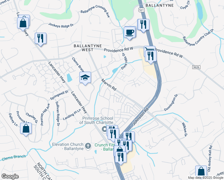 map of restaurants, bars, coffee shops, grocery stores, and more near 15504 Stronvar House Lane in Charlotte