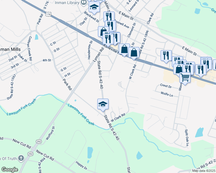 map of restaurants, bars, coffee shops, grocery stores, and more near 63 Blackstock Rd in Inman
