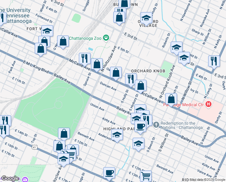 map of restaurants, bars, coffee shops, grocery stores, and more near 1412 Duncan Avenue in Chattanooga