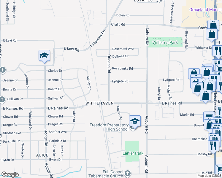 map of restaurants, bars, coffee shops, grocery stores, and more near 4094 Orleans Road in Memphis