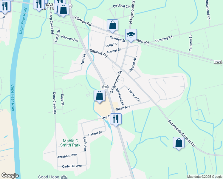 map of restaurants, bars, coffee shops, grocery stores, and more near 414 South Plymouth Street in Fayetteville