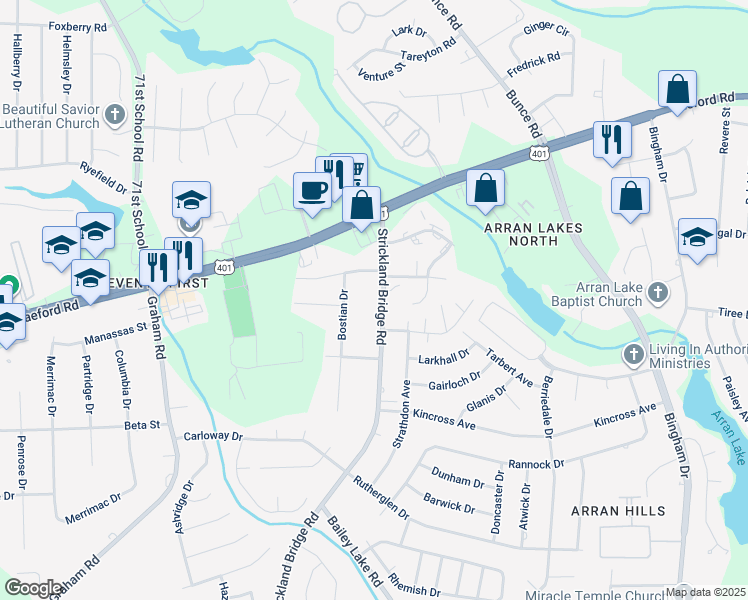 map of restaurants, bars, coffee shops, grocery stores, and more near 1064 Strickland Bridge Road in Fayetteville