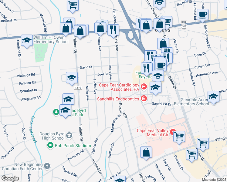 map of restaurants, bars, coffee shops, grocery stores, and more near 701 Rodie Avenue in Fayetteville