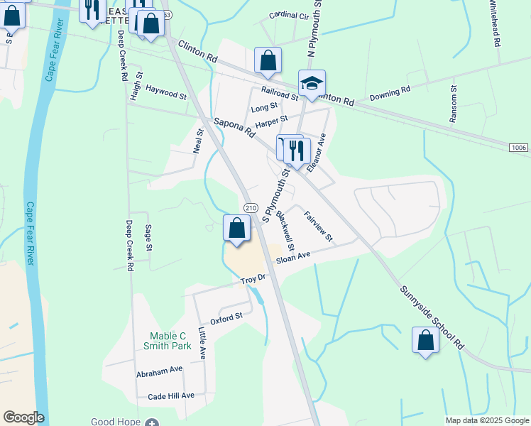 map of restaurants, bars, coffee shops, grocery stores, and more near 414 South Plymouth Street in Fayetteville