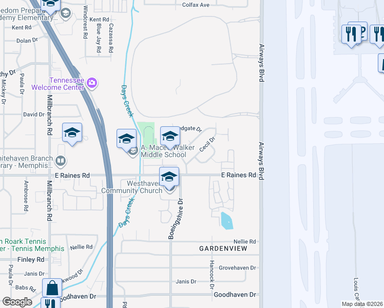 map of restaurants, bars, coffee shops, grocery stores, and more near 4095 Cecil Drive in Memphis