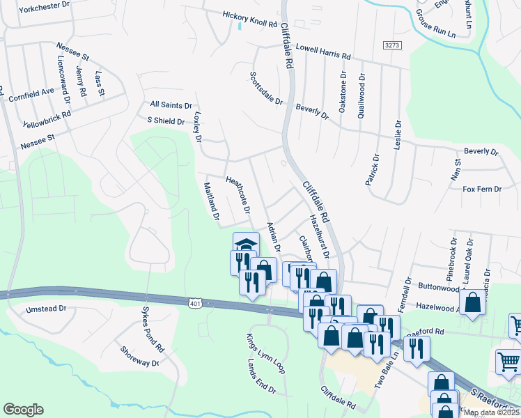 map of restaurants, bars, coffee shops, grocery stores, and more near 7786 Adrian Drive in Fayetteville