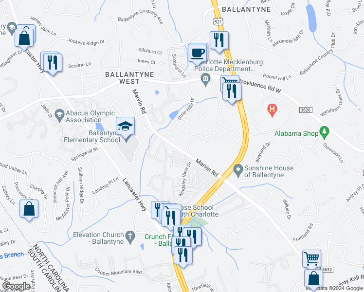 map of restaurants, bars, coffee shops, grocery stores, and more near 15625 Marvin Road in Charlotte