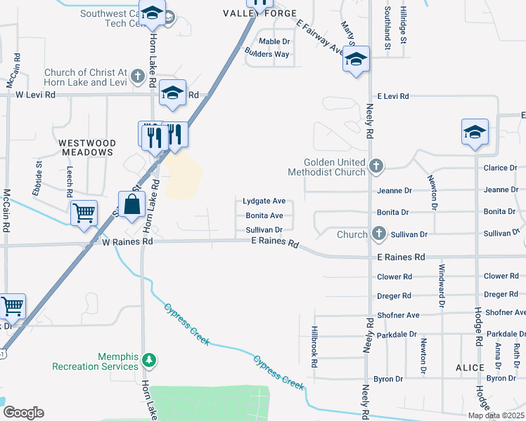 map of restaurants, bars, coffee shops, grocery stores, and more near 36 Bonita Drive in Memphis