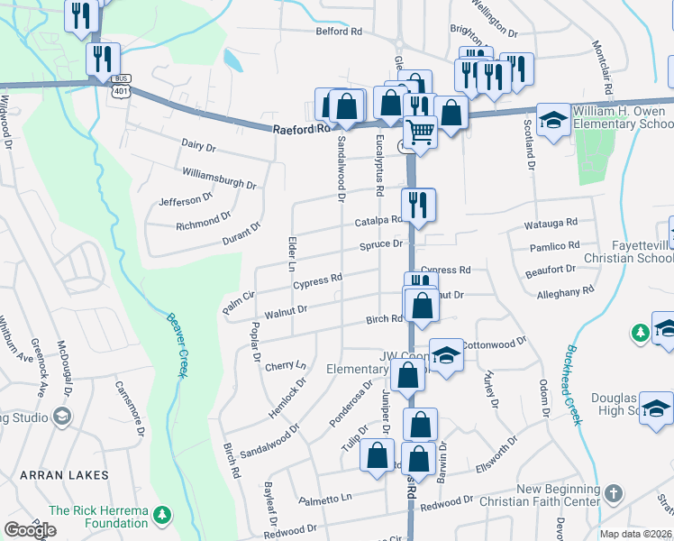 map of restaurants, bars, coffee shops, grocery stores, and more near 5200 Cypress Road in Fayetteville