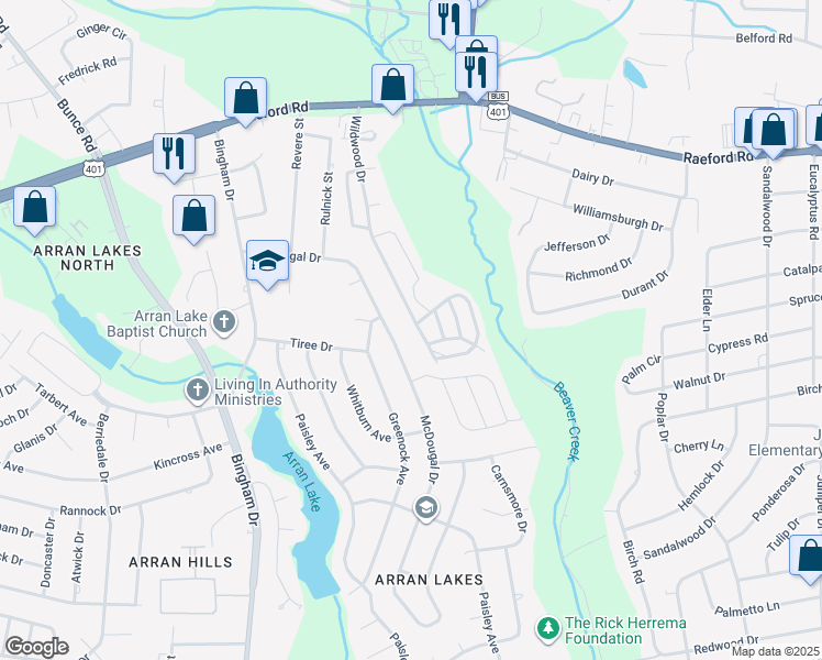 map of restaurants, bars, coffee shops, grocery stores, and more near 1200 Wildwood Drive in Fayetteville
