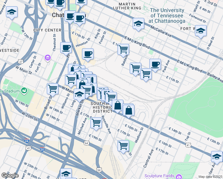map of restaurants, bars, coffee shops, grocery stores, and more near 1183 Passenger Street in Chattanooga