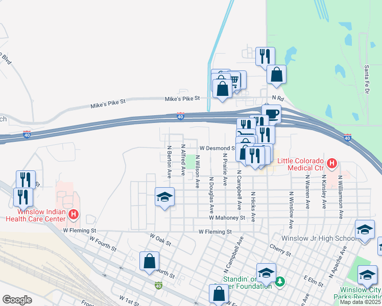 map of restaurants, bars, coffee shops, grocery stores, and more near 901 West Desmond Street in Winslow