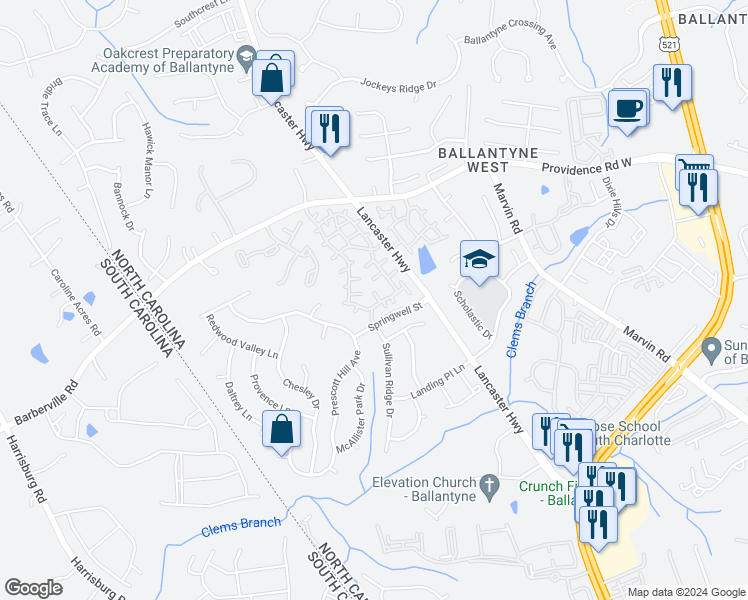 map of restaurants, bars, coffee shops, grocery stores, and more near 15422 Lafite Street in Charlotte