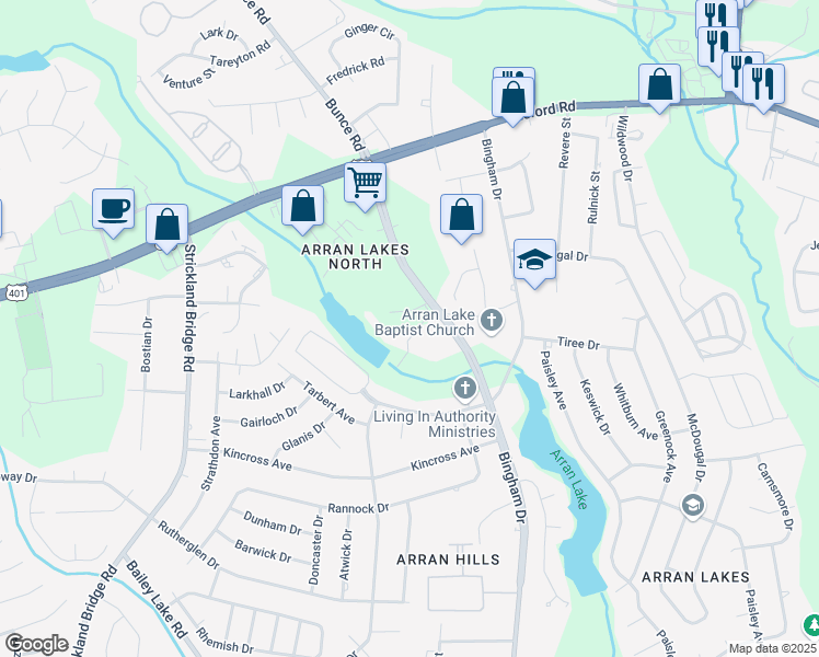 map of restaurants, bars, coffee shops, grocery stores, and more near 6441 Bingham Place in Fayetteville