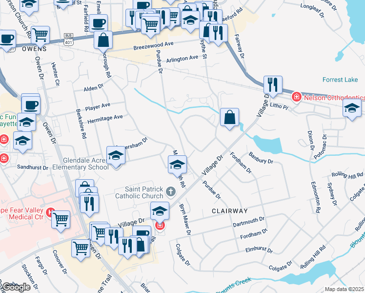 map of restaurants, bars, coffee shops, grocery stores, and more near Purdue Drive in Fayetteville