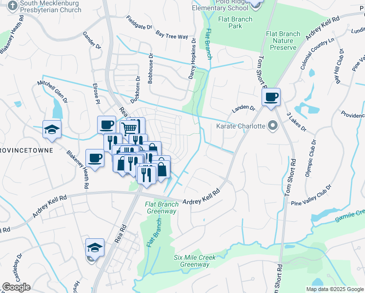 map of restaurants, bars, coffee shops, grocery stores, and more near 10455 Alexander Martin Avenue in Charlotte