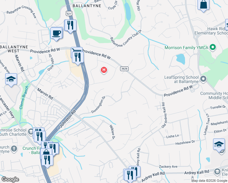 map of restaurants, bars, coffee shops, grocery stores, and more near 15904 Fuller Place in Charlotte