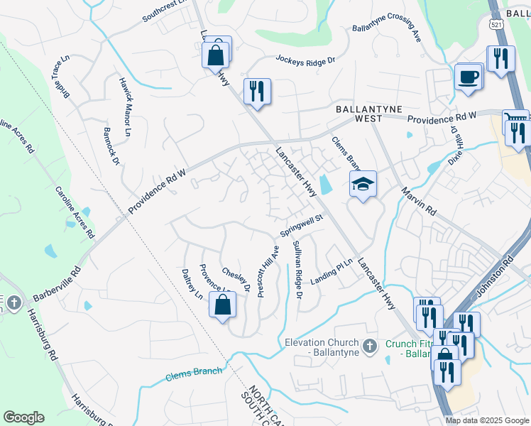 map of restaurants, bars, coffee shops, grocery stores, and more near 12136 Valley Oak Street in Charlotte