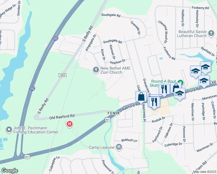 map of restaurants, bars, coffee shops, grocery stores, and more near 1378 Worstead Drive in Fayetteville