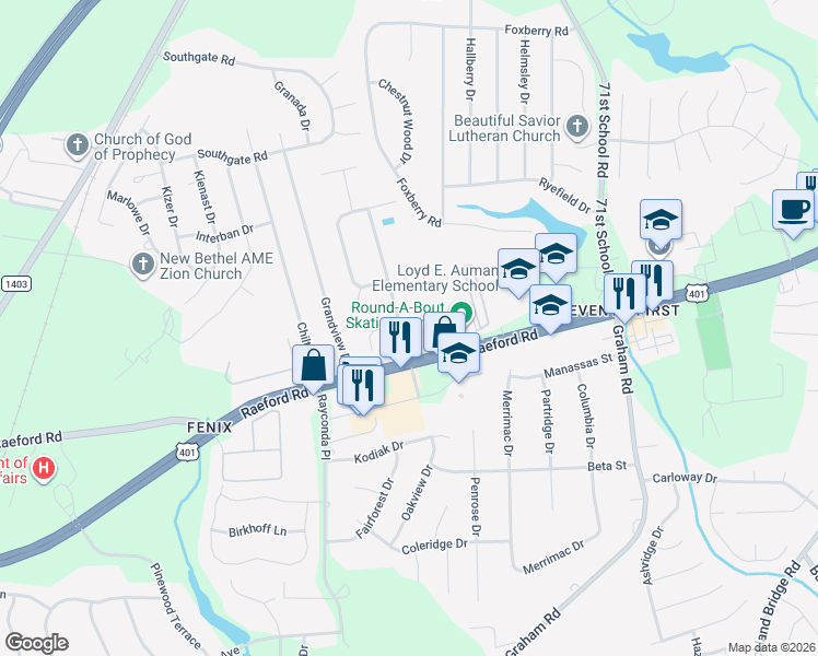 map of restaurants, bars, coffee shops, grocery stores, and more near 1787 Hampton Oaks Drive in Fayetteville