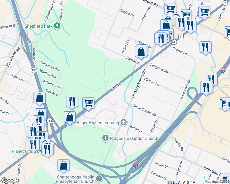 map of restaurants, bars, coffee shops, grocery stores, and more near 1916 Circle Drive in Chattanooga