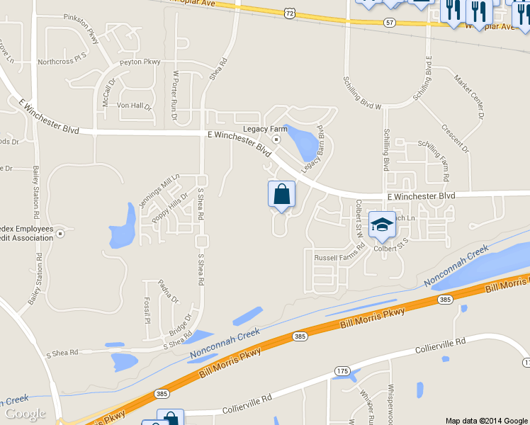 map of restaurants, bars, coffee shops, grocery stores, and more near 1189 Oak Timber Circle in Collierville