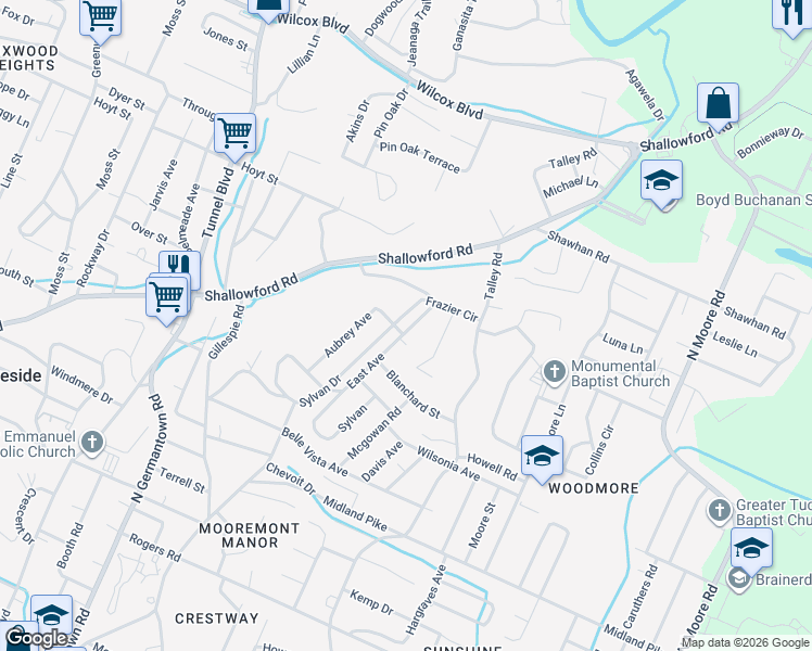 map of restaurants, bars, coffee shops, grocery stores, and more near 924 East Avenue in Chattanooga