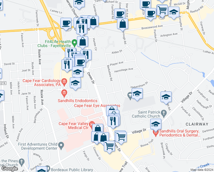 map of restaurants, bars, coffee shops, grocery stores, and more near 511 Terry Circle in Fayetteville