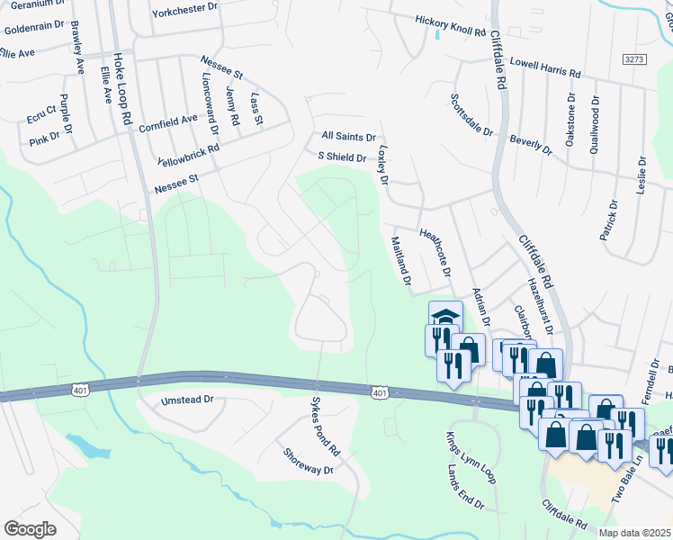 map of restaurants, bars, coffee shops, grocery stores, and more near 1732 Stackhouse Drive in Fayetteville