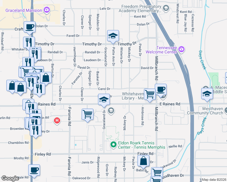 map of restaurants, bars, coffee shops, grocery stores, and more near 1509 Carol Drive in Memphis