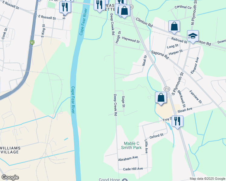 map of restaurants, bars, coffee shops, grocery stores, and more near 620 Deep Creek Road in Fayetteville