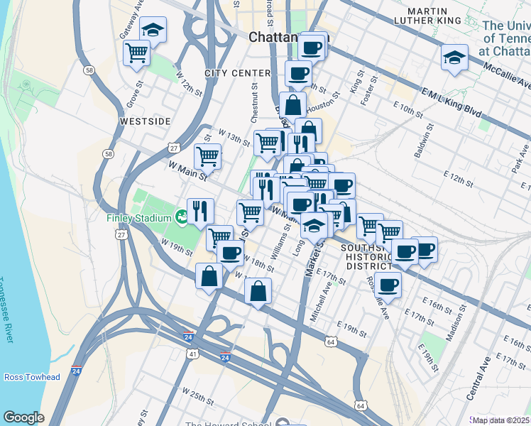 map of restaurants, bars, coffee shops, grocery stores, and more near 312 W Main St in Chattanooga