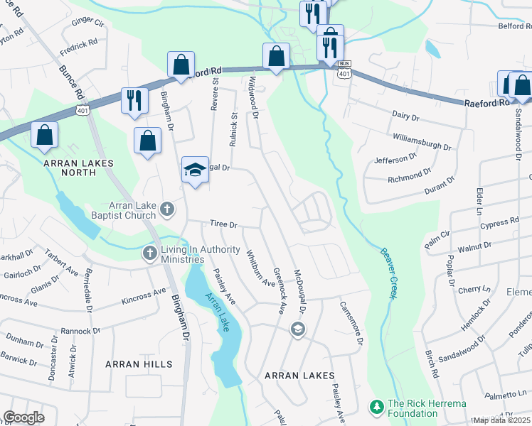 map of restaurants, bars, coffee shops, grocery stores, and more near 1365 Greenock Avenue in Fayetteville