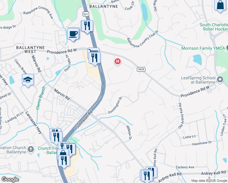 map of restaurants, bars, coffee shops, grocery stores, and more near 15484 Occum Place in Charlotte