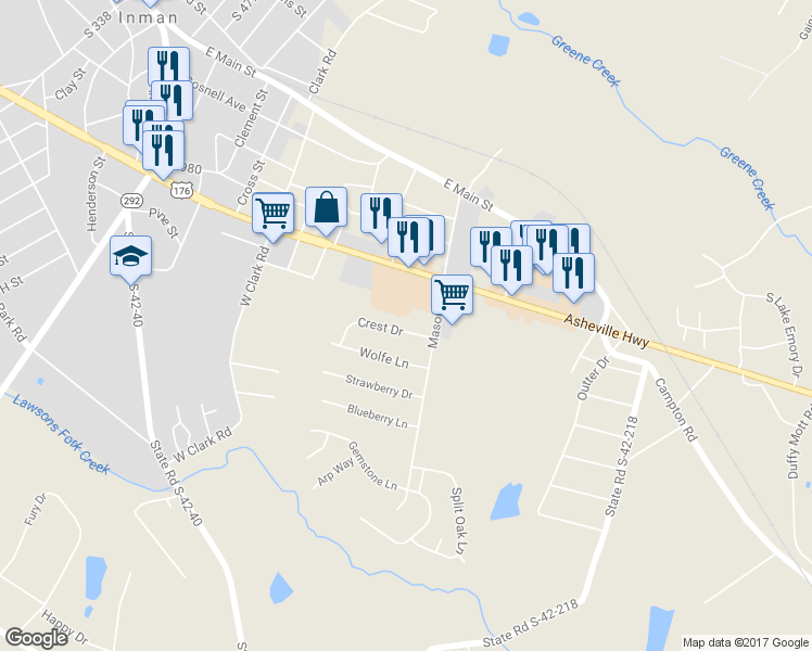 map of restaurants, bars, coffee shops, grocery stores, and more near 308 Crest Drive in Inman
