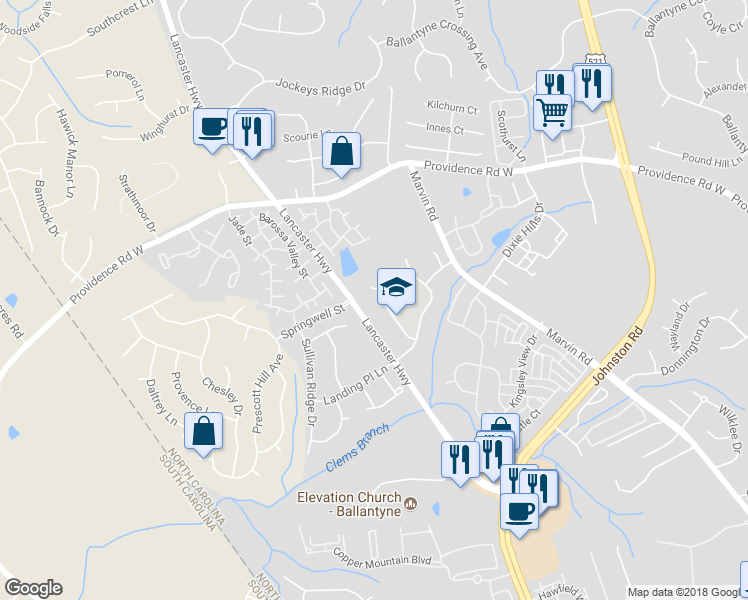 map of restaurants, bars, coffee shops, grocery stores, and more near 15412 Scholastic Drive in Charlotte