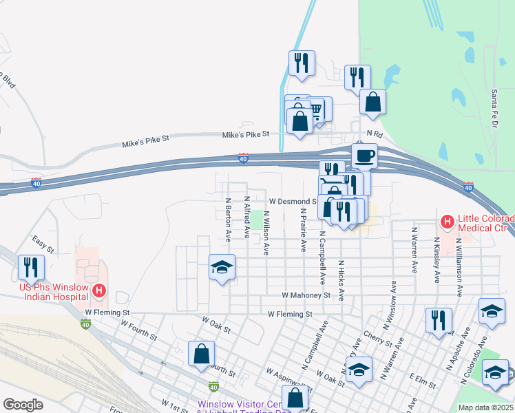 map of restaurants, bars, coffee shops, grocery stores, and more near 901 West Desmond Street in Winslow