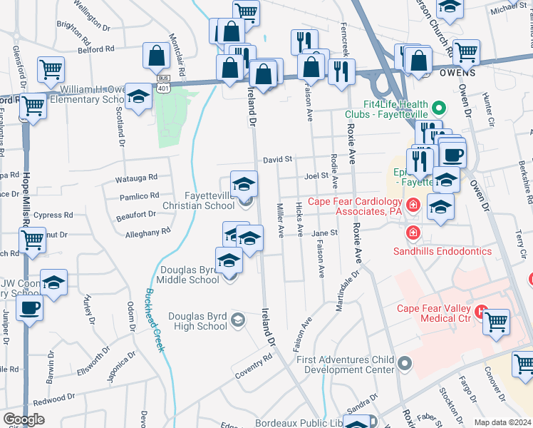 map of restaurants, bars, coffee shops, grocery stores, and more near 1429 Ireland Drive in Fayetteville