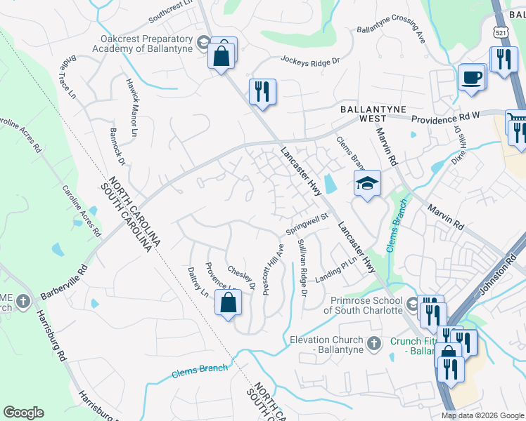 map of restaurants, bars, coffee shops, grocery stores, and more near 12136 Valley Oak Street in Charlotte