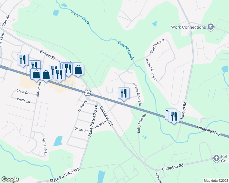 map of restaurants, bars, coffee shops, grocery stores, and more near 604 Hideway Cove in Inman