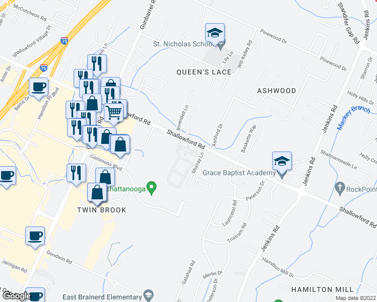 map of restaurants, bars, coffee shops, grocery stores, and more near 1203 Regency Court in Chattanooga